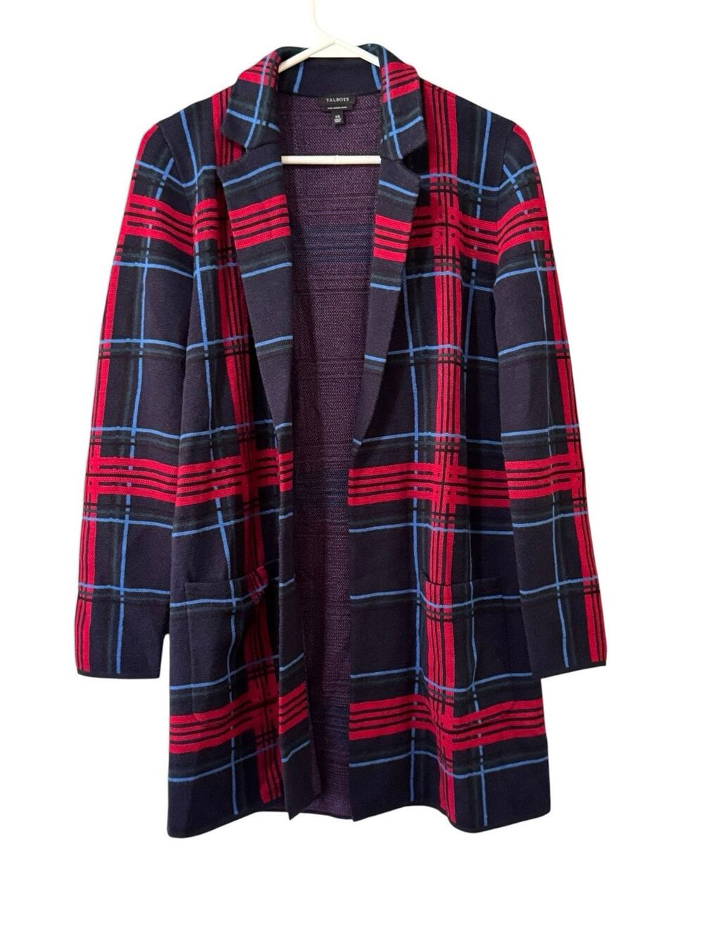 Talbots Pure Merino Wool Coatigan Cabin Plaid Academia Open Front Women Size XS